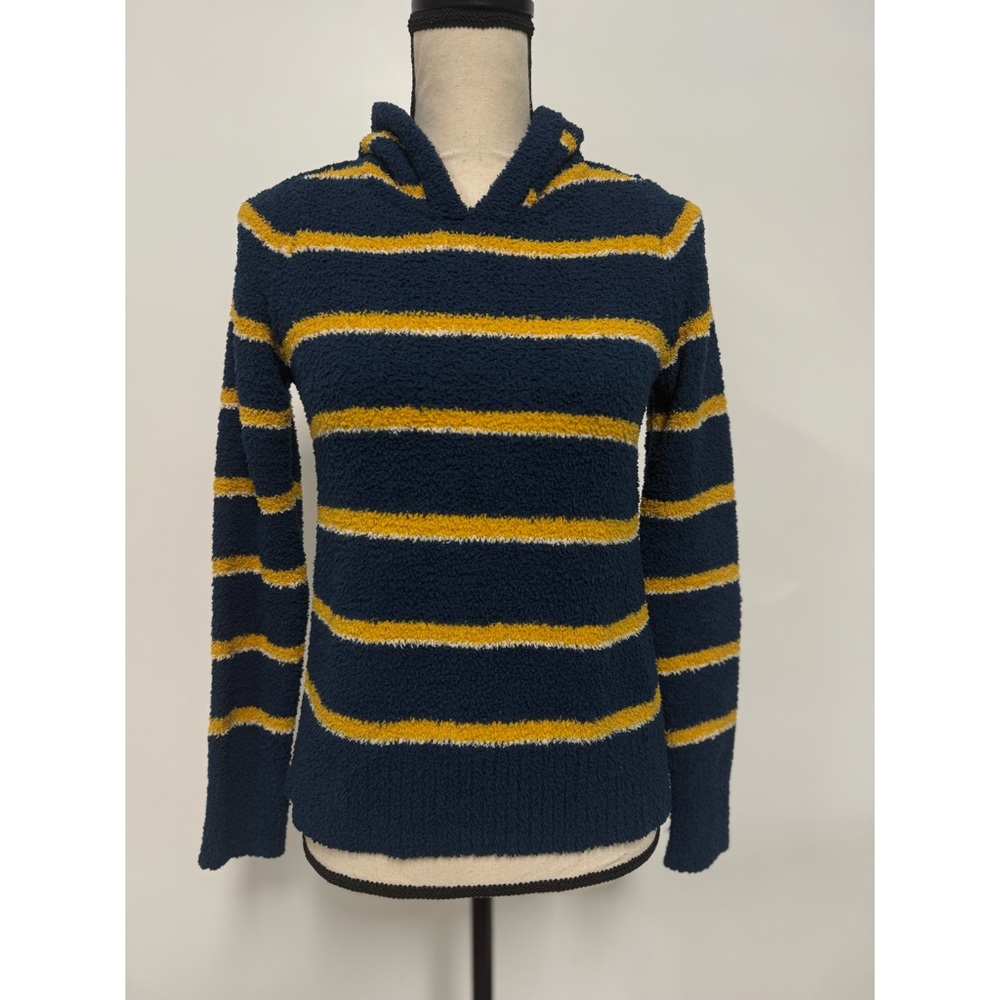 Almost Famous Striped Fuzzy Hooded Sweater Blue & Yellow Size M